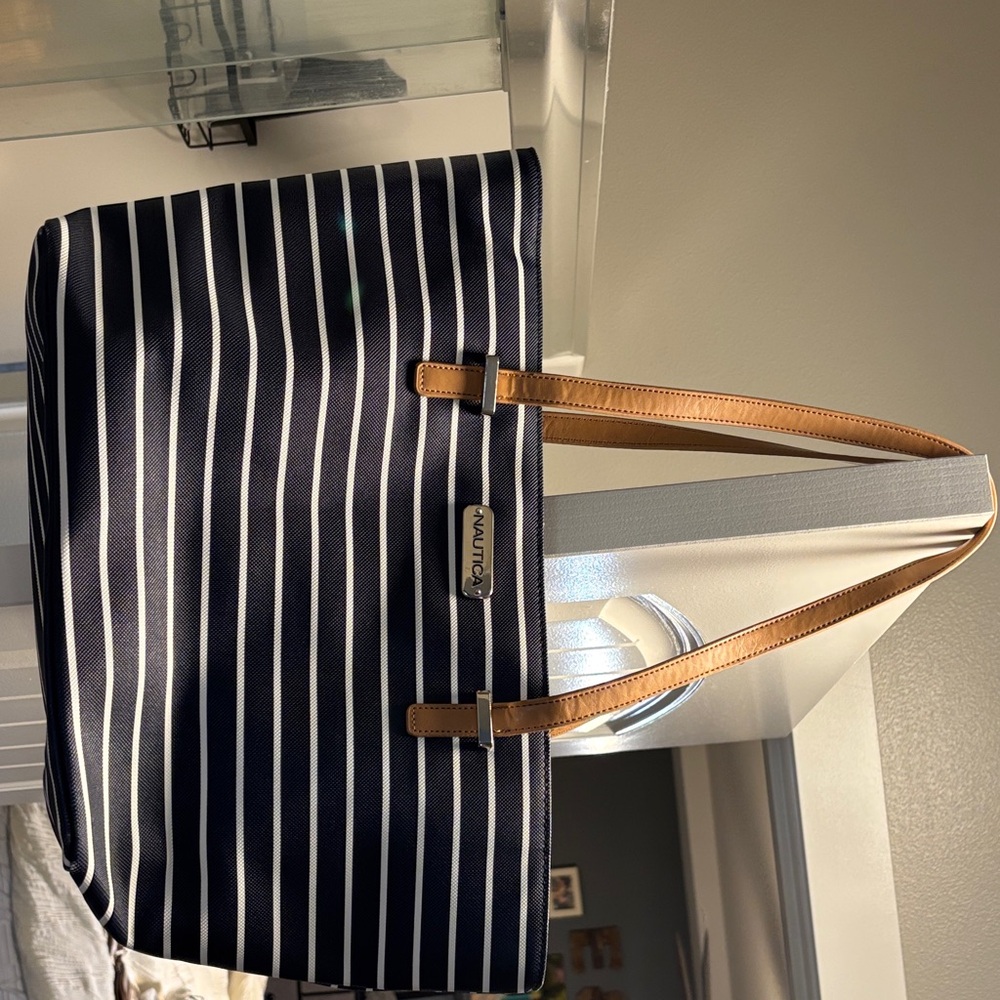 Nautica Blue and White Striped Tote with Tan Handles
